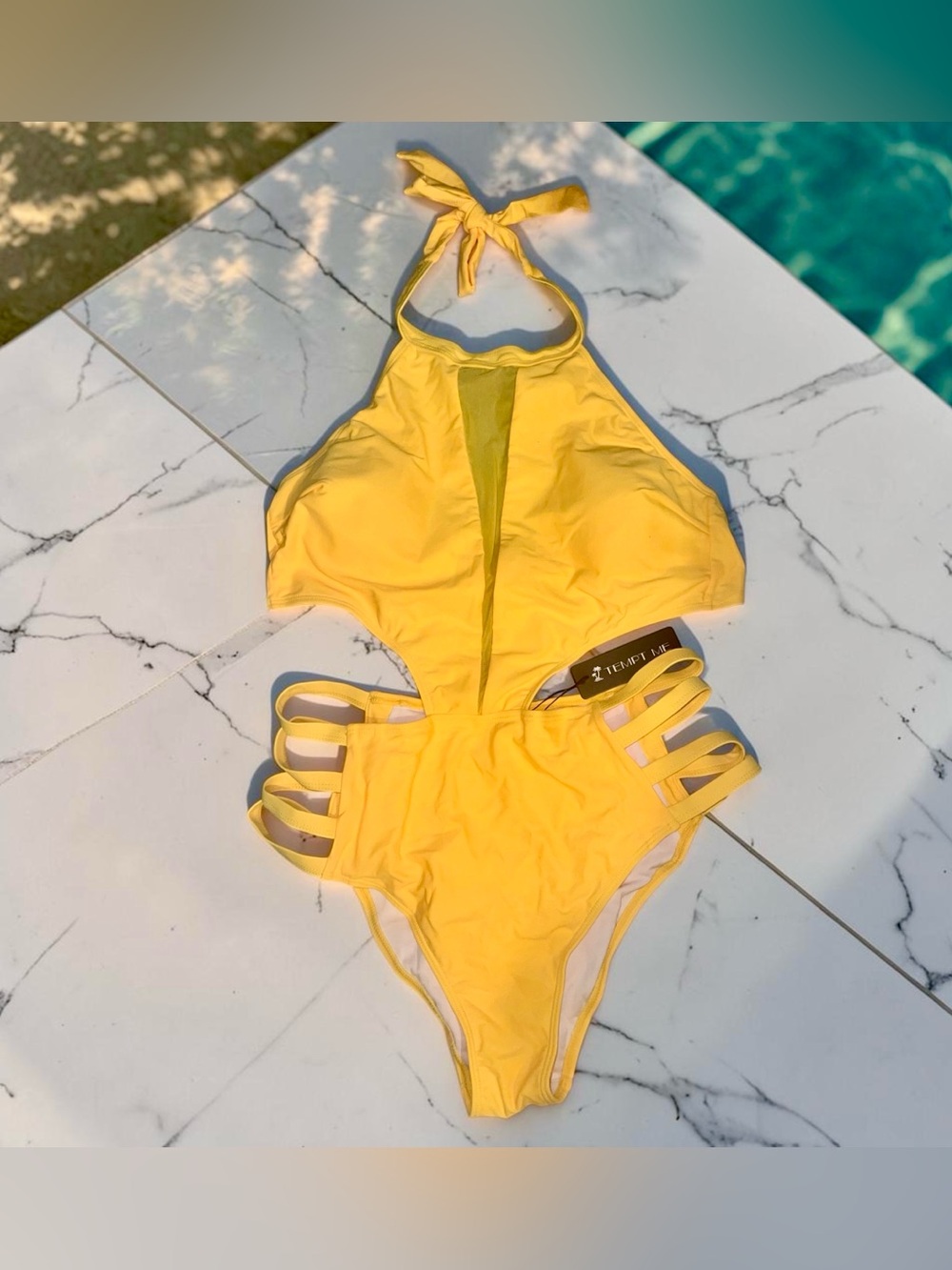 Womens Tempt Me Yellow Halter One-Piece Swimsuit NWT Size Large